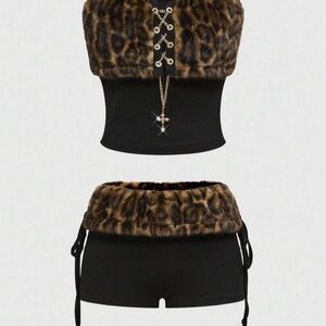 Leopard Print Faux Fur Crop Top and Shorts Set